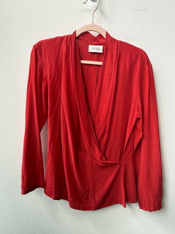 Vintage 90s Ellen Tracy Red 100% Silk Draped Surplice Blouse Sz 8