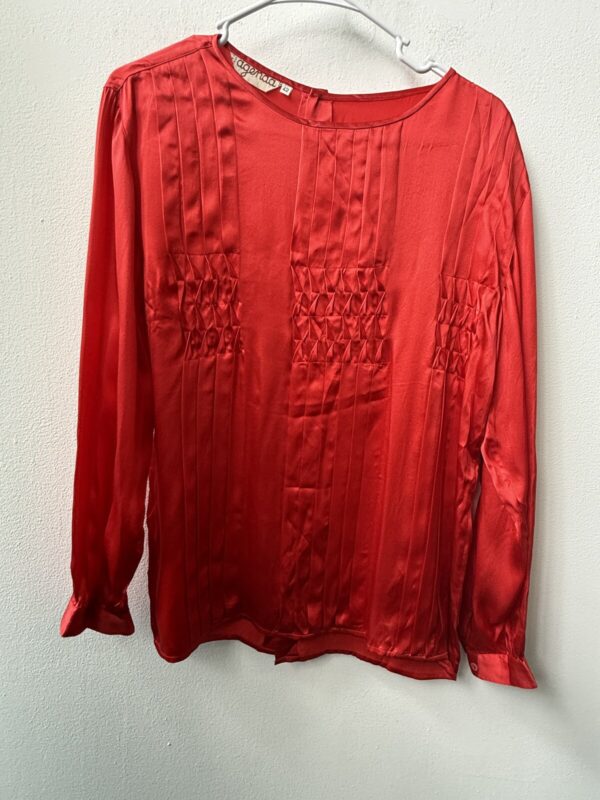 Vintage 80s Agenda Red 100% Silk Pintuck Bib Blouse Italy Medium